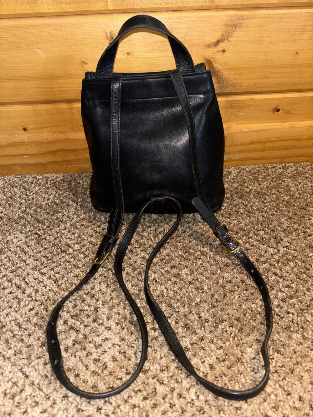 Coach Black Leather Mini Backpack with Brass Buckle